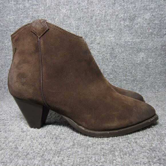 Frye June Suede Western Bootie Chocolate Brown Side Zip Heeled Shootie Size 7.5 - Picture 1 of 9